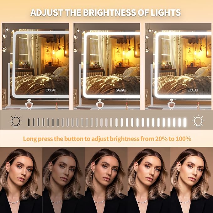 Hasipu Vanity Mirror with Lights and Bluetooth Speaker, 27.6" x 19.7" LED Makeup Mirror, Light up Mirror with 10X Magnification, USB Charging Port, Smart Touch 3 Colors Dimmable (White)