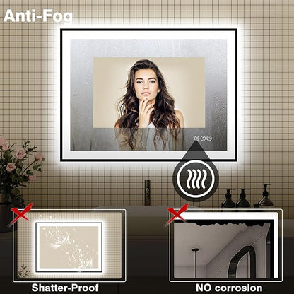 48x36 LED Bathroom Mirrors for Wall - Black Aluminum Framed(Front and Backlit),Anti-Fog Vanity Mirror with Lights,Stepless Dimmable Lighted Mirror,3 Colors Smart Mirror(Horizontal/Vertical)