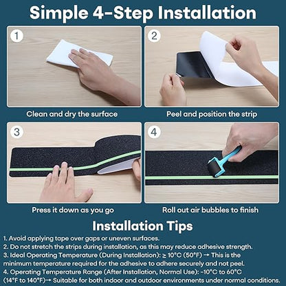 10 Pack 6” x 32” Anti Slip Traction Treads with Glow in The Dark Stripe, Outdoor Waterproof Non Skid Pre-Cut Tape with Roller, High Traction Friction Abrasive Adhesive for Stairs Step