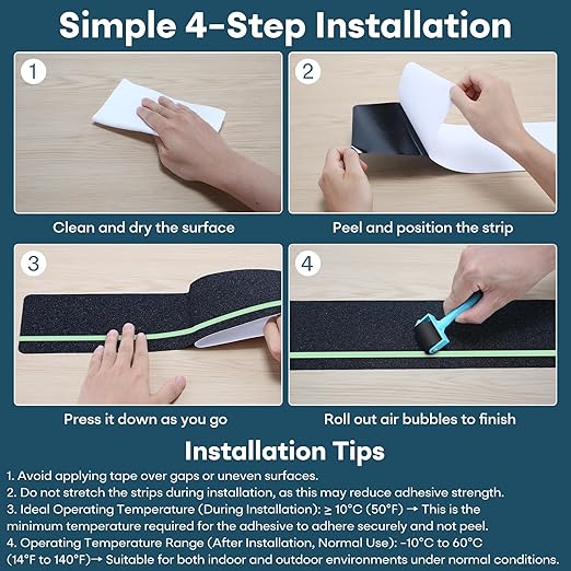 10 Pack 6” x 30” Anti Slip Traction Treads with Glow in The Dark Stripe, Outdoor Waterproof Non Skid Pre-Cut Tape with Roller, High Traction Friction Abrasive Adhesive for Stairs Step