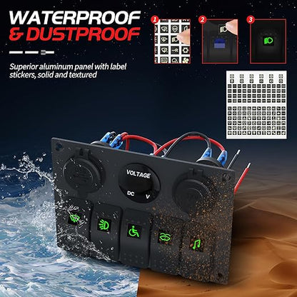 Marine Switch Panel Waterproof 12 Volt 5 Gang Rocker Switch Panel Blue Lighted with Dual USB Socket 4.8A & 12V LED Voltmeter & Cigarette Lighter Socket for Marine Boat Car RV Truck