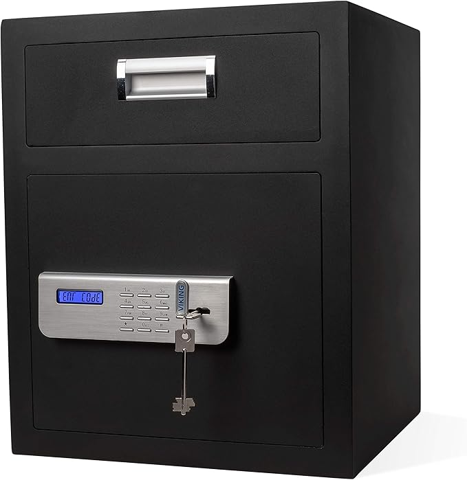 Viking Security Safe VS-48DS Heavy Duty Depository Safe with Drop Slot – Large Digital Keypad Box for Cash, Documents & Valuables – Anti-Fish Design, Motorized Lock, LED Light – For Business Use