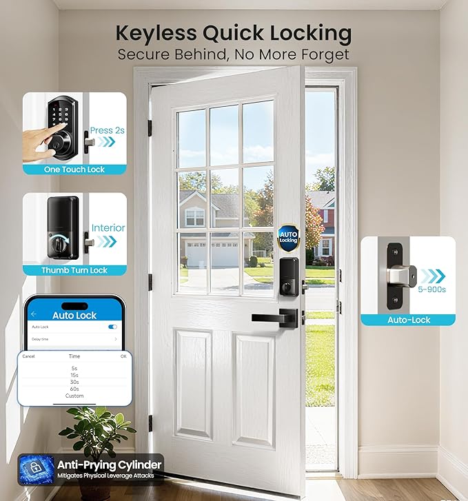 Veise VE07-L Fingerprint Smart Locks for Front Door with Zinc Alloy Handle Set, App Control, Keyless Entry, Electronic Digital Keypad Deadbolt, Auto Lock, Waterproof, Easy to Install, Matte Black