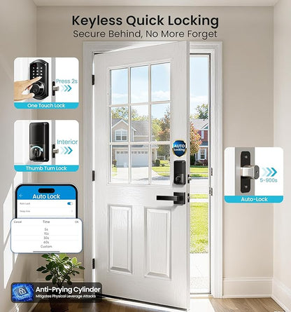 Veise VE07-L Fingerprint Smart Locks for Front Door with Zinc Alloy Handle Set, App Control, Keyless Entry, Electronic Digital Keypad Deadbolt, Auto Lock, Waterproof, Easy to Install, Matte Black