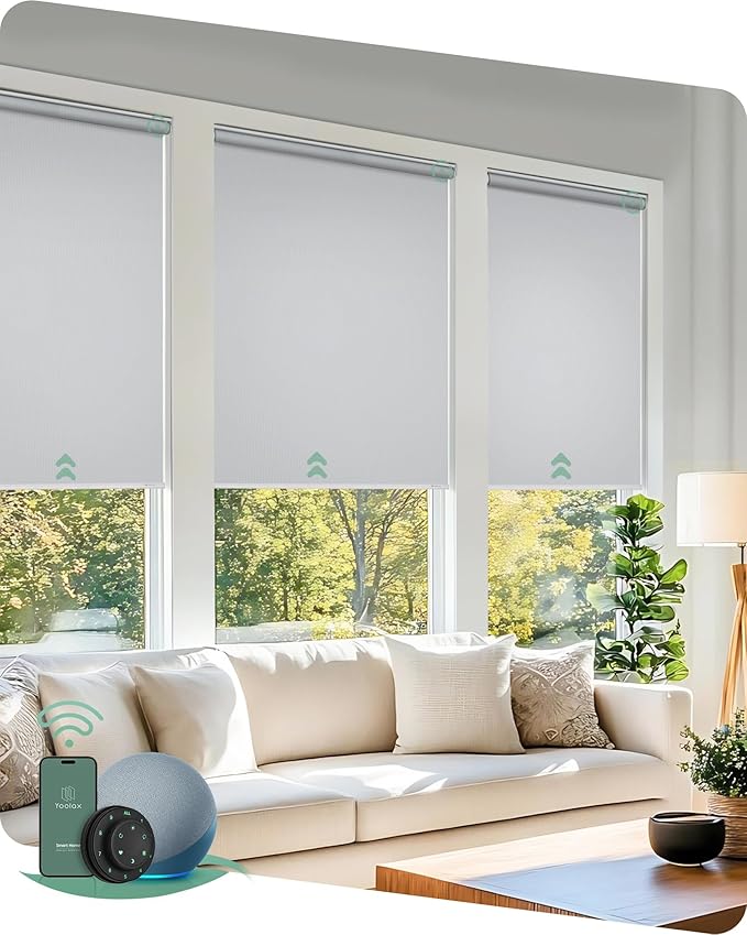 Yoolax Motorized Blinds with Remote, Blackout Smart Blinds for Windows Motorized Waterproof Roller Shades, Automatic Window Shades Work with Alexa Custom Size (Blackout-Vinyl White)