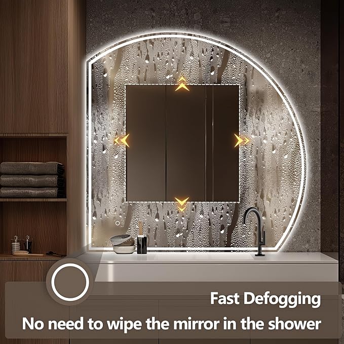 Niccy Half Moon Led Mirror for Bathroom, 44" Semi Round Backlit Mirror for Wall Lighted Mirror with Frameless 3 Color, Defogger, Explosion-Proof, HD Glass and IP65 Vanity Mirror