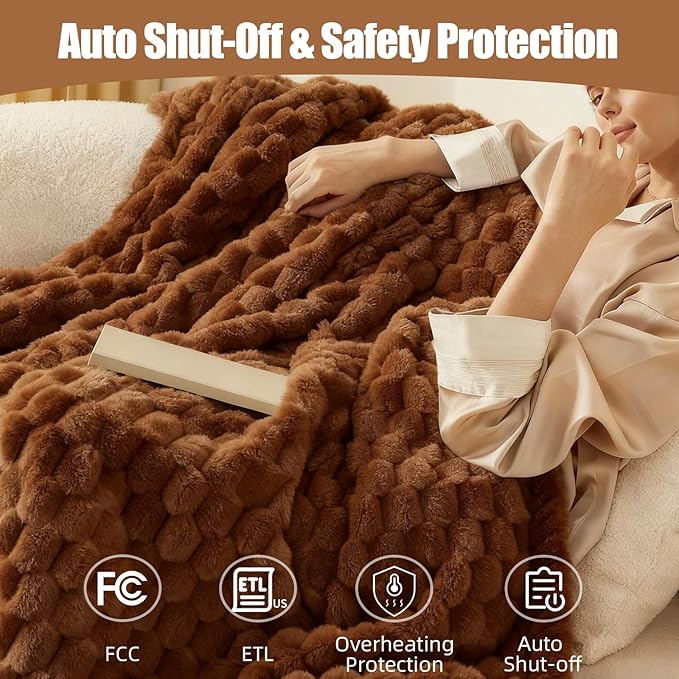 Electric Heated Blanket 90''x100'' – Large Soft Ribbed Faux Fur Fast Heating Blanket with 12 Heat Settings, 1–12H Timer, Overheat Protection ETL & FCC Certified Machine Washable