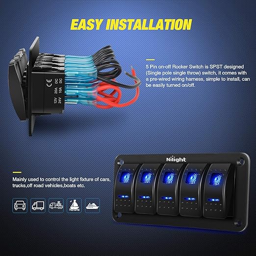 Nilight - 90110E 5 Gang Aluminum Rocker Switch Panel Toggle Dash 5 Pin ON/Off Pre-Wired Rocker Switch Blue Backlit Switch for Automotive Car Marine Boat RV,2 Years Warranty