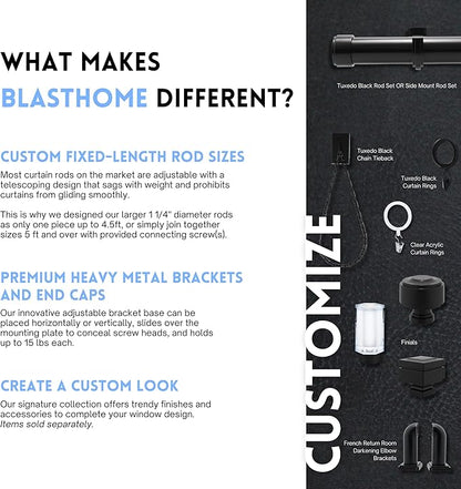 BlastHome® Non-Adjustable Luxury Curtain Rods for Windows, 1 ¼” Rod Set, 12 foot Fixed Length (Three Rods Connect for a Seamless Look), Tuxedo Black