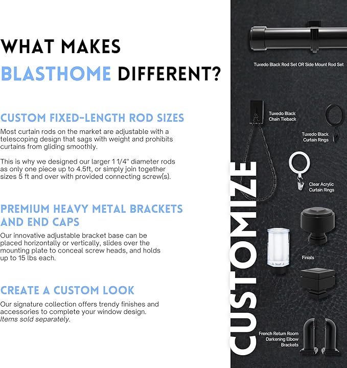 BlastHome® Non-Adjustable Luxury Curtain Rods for Windows, 1 ¼” Rod Set, 11 foot Fixed Length (Three Rods Connect for a Seamless Look), Tuxedo Black