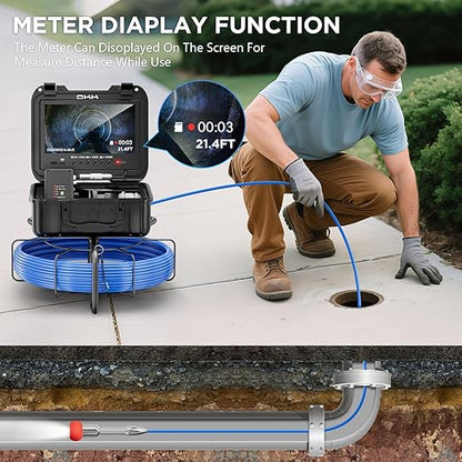 Sewer Camera, Self-Leveling Drain Camera with 7mm Thicker Cable, 305ft/91.5M Range, 9" 1080P HD Monitor, IP68 Waterproof for Pipe Inspection, DVR Snake Cam with Distance Counter & 32GB Card