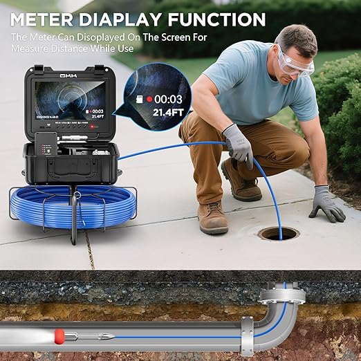 Sewer Camera, Self-Leveling Drain Camera with 7mm Thicker Cable, 200ft/60M Range, 9" 1080P HD Monitor, IP68 Waterproof for Pipe Inspection, DVR Snake Cam with Distance Counter & 32GB Card