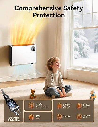 GiveBest Super Quiet Wall Heaters for Indoor Use, Baseboard Design Space Heater, Adjustable Thermostat, Child Lock, 12H Timer, 1500W Easy-mounted Electric Smart Heater for Bedroom Living Room Garage
