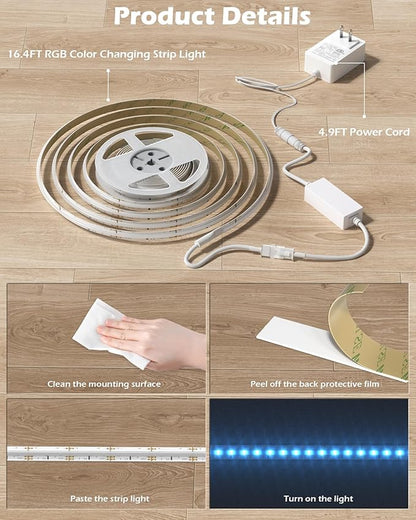 RGB COB LED Strip Light, 16.4ft Led COB Light Strip with Remote, Dimmable Smart App, Color Changing Music Sync, Smart Indoor RGB Led Lights for Bedroom, Home Decor, Party