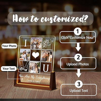 Customized Couple Birthday Gifts For Boyfriend Girlfriend Him Her, Custom Light Up Picture Frame Acrylic Plaque With Photo Name, Personalized Anniversary Wedding Christmas Gifts For Women Men