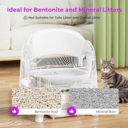PetPivot Self Cleaning Litter Box, Open Top Automatic Litter Box for Multiple Cats, Multiple Layer Safety Protection, Liners and Mat Included, White
