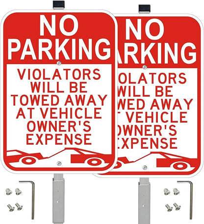 2 Pack No Parking Sign with 36" Metal Stakes, 14x10 inches Reflective Aluminum Sign, Fade Resistant/Waterproof, Violators Will Be Towed Warning