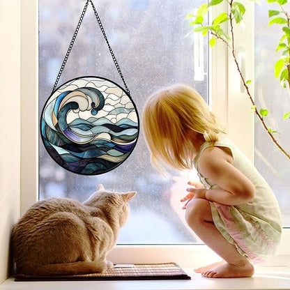 Stained Glass Window Hanging, Ocean Waves Sun Catchers Diamond Glass Panel Hangings Abstract Suncatcher Decor for Birthday for Women, Men, Wife, Aunt, and Mom 9.8 in