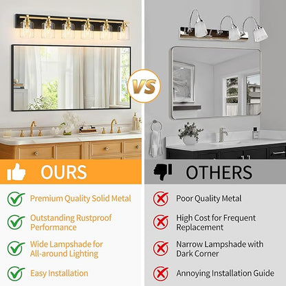 6 Light Modern Bathroom Light Fixtures Over Mirror, Black Gold Vanity Lights for Bathroom Wall Sconces with Clear Glass Shades, E26 Socket (Bulbs Not Included)