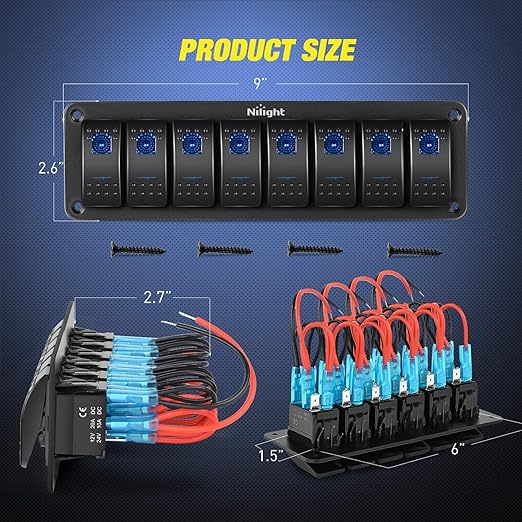 Nilight 8 Gang Aluminum Rocker Switch Panel Toggle Dash 5 Pin ON/Off Pre-Wired Rocker Switch Blue Backlit Switch for Automotive Car Marine Boat RV,2 Years Warranty