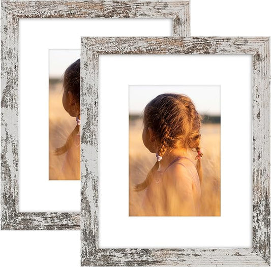 Golden State Art, 8x10 Picture Frame with Mat for 5x7 Photo - High Definition Glass Wall Mounting or Tabletop Display (Weathered White, 2 Pack)