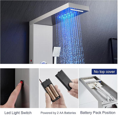 ROVATE LED Shower Panel Tower System with Rainfall Waterfall Shower, Shower Panel with Jets and Rainfall and Handheld, 5 in 1 Brushed Stainless Steel Shower Panel System High Pressure with Tub Spout