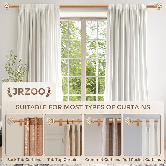 Wood Curtain Rods for Windows 48 to 84 Inches, Decorative 1'' Diameter Heavy Duty Adjustable Rustic Farmhouse Drapery Pole with Boho Imitation Wood Grain Finials, Size: 30''-88''