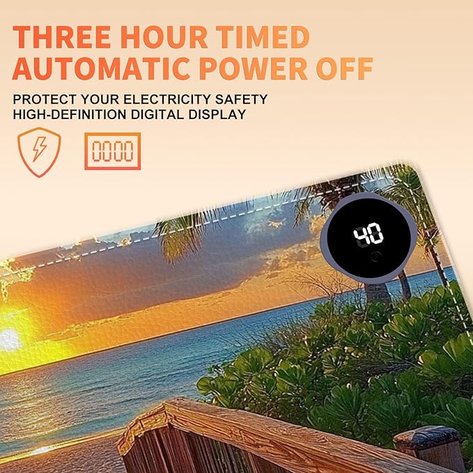 Heated Mouse Pad 31.5x13 in 3-Temp Fast Heating Desk Mat with Auto Timer Warmer for Hands Wrist Pain Relief Waterproof Keyboard Mat for Office, Gaming, Home, Sunset Beach Pathway