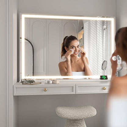 Hasipu Vanity Mirror with Lights, 55" x 36" LED Makeup Mirror, Lighted Makeup Mirror with Dimmable 3 Modes, Touch Screen Control Vanity Mirror Square White