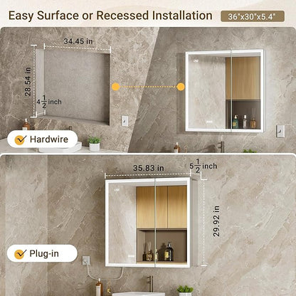36x30 LED Medicine Cabinet Mirror with Double Lights-Front & Backlit, 155°Soft-close Hinge, Surface or Recessed Dimmable Lighted Medicine Cabinet Mirror with Clock Outlet Inner Light,Anti-fog