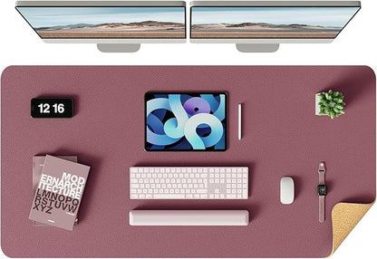 YSAGi Double-Sided Desk Pad, Leather Desk Mat, Eco Cork Desk Pad Protector, Large Mouse Pad for Desk, Waterproof Desk Blotter Pad, Desk Writing Pad for Office Work/Home(Cork+Dark Pink, 47.2" x 23.6")