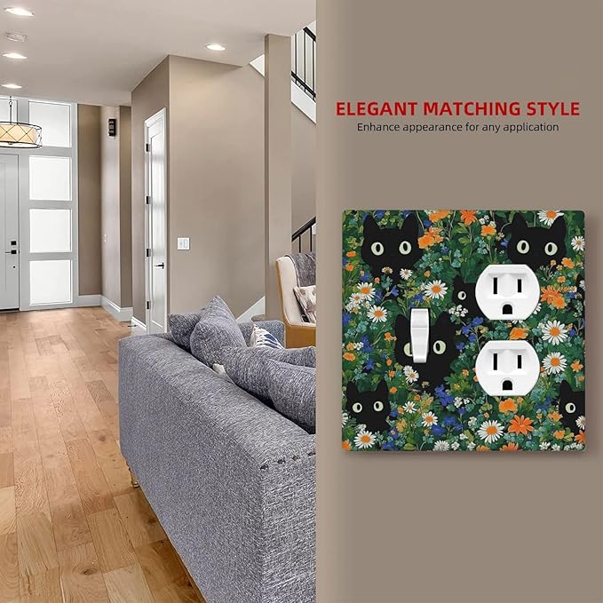 Boho Funny Black Cute Cats Daisy Wildflower Wallplates 1 Toggle 1 Duplex Switch Plate Electrical Gfci Faceplate Decorative Light Switch Covers For Kids Room Bed Room Decor