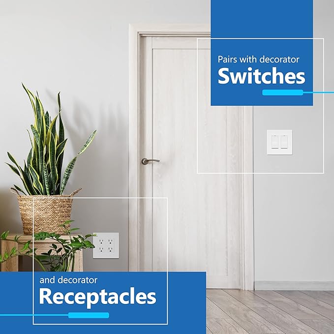 LIDER Matte Finish Double Decorator Switch Cover, Screwless Wall Plate, Mid-Size 2-Gang 4.88" x 4.92", Unbreakable Polycarbonate Thermoplastic, UL Listed, LSWP-32M-W10P, White, 10 pack