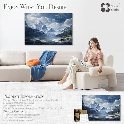 8-Pack Acoustical Wall Panels, 48 X 32 Inches Art Acoustic Panels, Decorative Acoustic Panels, Acoustic Wall Panels, Sound Absorbing Wall Art, Neige Éthérée