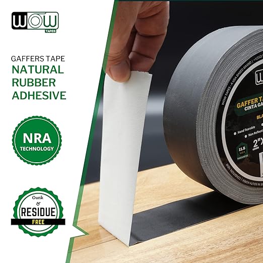 Wow Gaffers Tape 2 Inch Black - 50 Yards (Case of 24), Residue Free, Non-Reflective & Heavy-Duty - Professional Grade Gaff Tape - Ideal for Photography Backdrop, Cables, Cords & Floor Taping