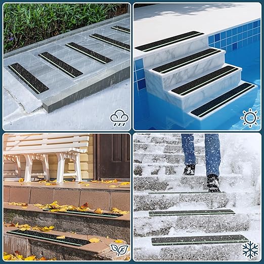10 Pack 6” x 32” Anti Slip Traction Treads with Glow in The Dark Stripe, Outdoor Waterproof Non Skid Pre-Cut Tape with Roller, High Traction Friction Abrasive Adhesive for Stairs Step