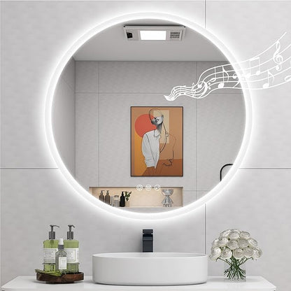 STARLEAD 28" LED-Bathroom-Mirror-with-Lights, Wall-Mounted with Bluetooth Speaker, Anti-Fog, 3 Color Temperature, Dimmable Brightness, Waterproof, Tempered Glass, Frontlit & Backlit, Round