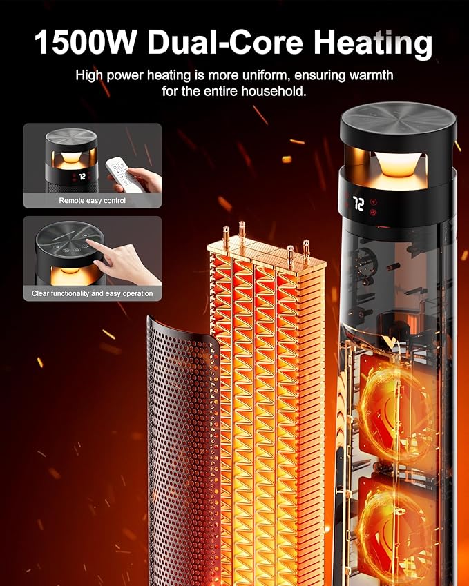 AKIRES 34IN Space Heater Large Room,1500w Space Heater For Indoor Use,120°Oscillating Tower Heater With Thermostat,Remote Control,Overheat & Tip-Over Protection,24H Timer For Large Rooms Black