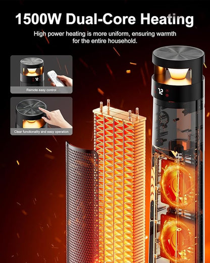 AKIRES 34IN Space Heater Large Room,1500w Space Heater For Indoor Use,120°Oscillating Tower Heater With Thermostat,Remote Control,Overheat & Tip-Over Protection,24H Timer For Large Rooms Black