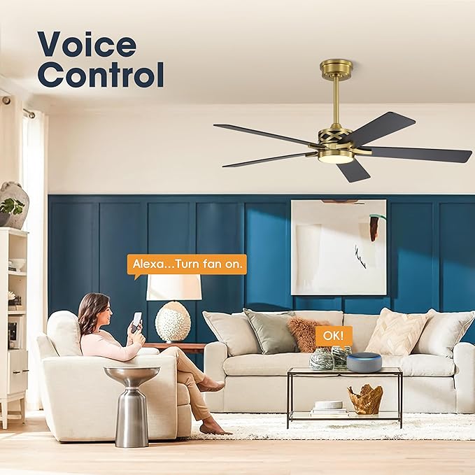 WINGBO 52" Smart Ceiling Fan with Lights, 5 Plywood Blades, 6 Speeds Reversible DC Motor, Works with Alexa and Google Assistant, 3CCT Dimmable LED Ceiling Fan for Bedroom Living Room, Brass and Black
