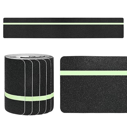 10-Pack Anti Slip Traction Tape 24" x 6" Best Grip Tape Grit with 12mm/0.47" Glow in Dark Stripe High Traction Friction Abrasive Adhesive for Indoor/Outdoor Stairs[Black+Green]