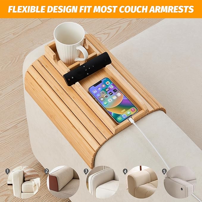 GEHE Bamboo Couch Cup Holder, Anti-Spill Sofa Arm Tray, Natural and Easy to Clean Couch Arm Cup Holder Armrest Tray Perfect for Cups, Beers, Snacks, Remote Control, Drinks