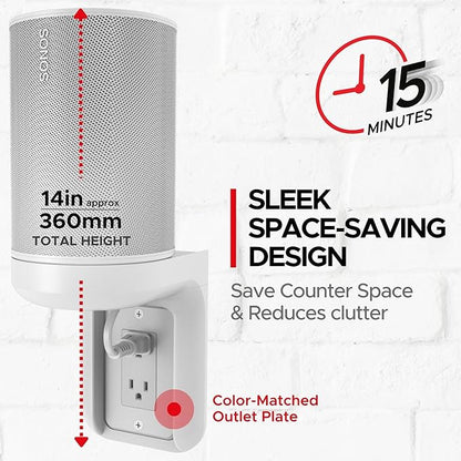 Sound Bass ERA100 Shelf Wall Outlet AC, White, Home, Compatible with Sonos ERA 100, Plug Mount Organizer, Bathroom, Kitchen, Bedrooms, Cord Management, Easy Installation, Mounting Kit Included