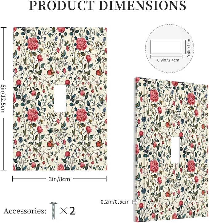 Decorative Light Switch Cover Vintage Flowers Rose Leaf Bird Butterfly 1 Gang Single Toggle Device Electrical Faceplate Switchplates Decorator Outlet Wall Plate for Bedroom living Room Decor