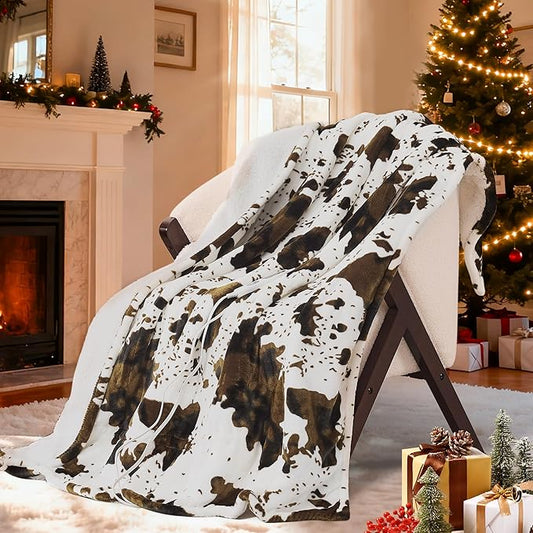 Electric Blanket Twin Size - Reversible Sherpa & Flannel, 62"× 84" Heated Throw Blanket with 6 Heat Settings & 1-12H Timer, Machine Washable, Warm Gift for Women, Brown Cow Print
