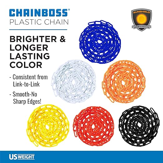US Weight (Made in USA) 2" x 100' (5 Pack - 500’ Total) Yellow Plastic Safety Chain ft. SunShield UV Resistant Technology