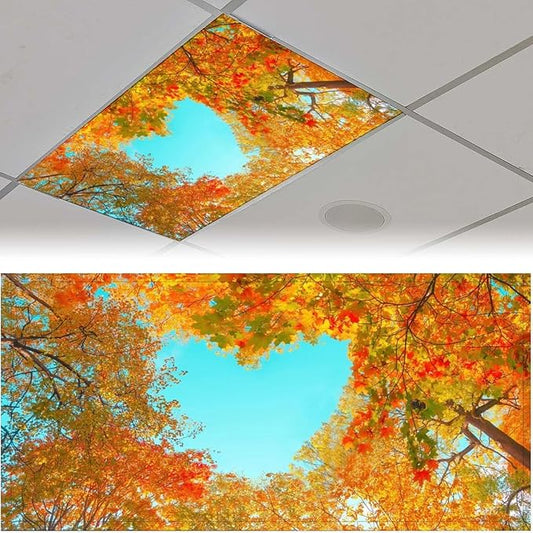 2PCS Fluorescent Light Cover for Ceiling Light Autumn Leaf Patten Magnetic Light Cover Shade Panel,Decorative Film Filter for Reducing Harsh Glare Flicker Home School Office Decorations