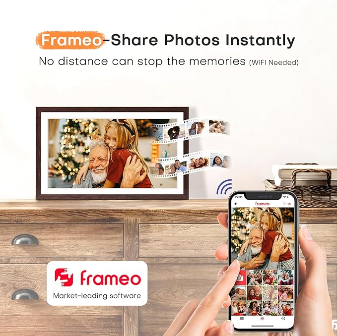 Digital Picture Frame Frameo, Large 15.6 Inch Digital Photo Frame, WiFi Electric Frame, 1920 * 1080 IPS FHD Touchscreen, 32GB, Tabletop&Wall-Mounted, Share Video Picture, Gifts for Mom, Black Walnut