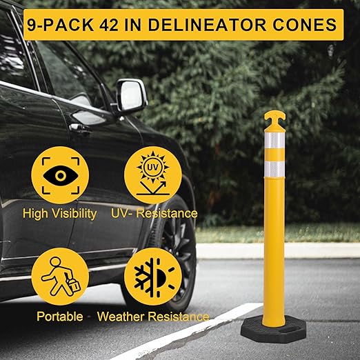 OrangeStar 9-Pack 42" Traffic Delineator Post Cones with Heavy Duty Rubber Base, Yellow Safety Cones for Road, Parking Lot, Warehouse, Construction Zone Safety