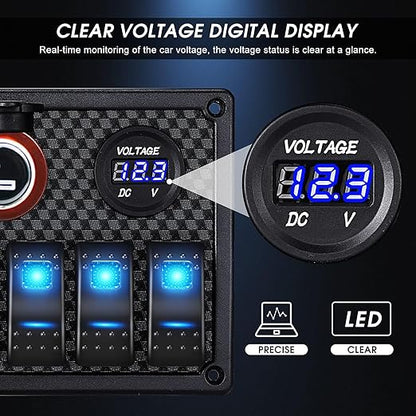 MKING Marine Switch Panel - 8 Gang Waterproof Rocker Panel With Circuit Breaker, USB & Type-C Charger, Digital Voltmeter, Cigarette Socket, 12V Blue LED